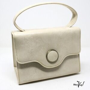Vintage Ivory White Patent Leather Look Pill Box Purse Handbag w Button -Hey Viv